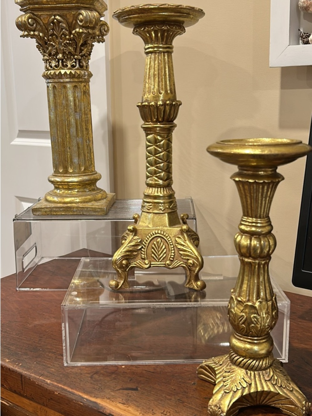 3 Large Gold Painted candlesticks